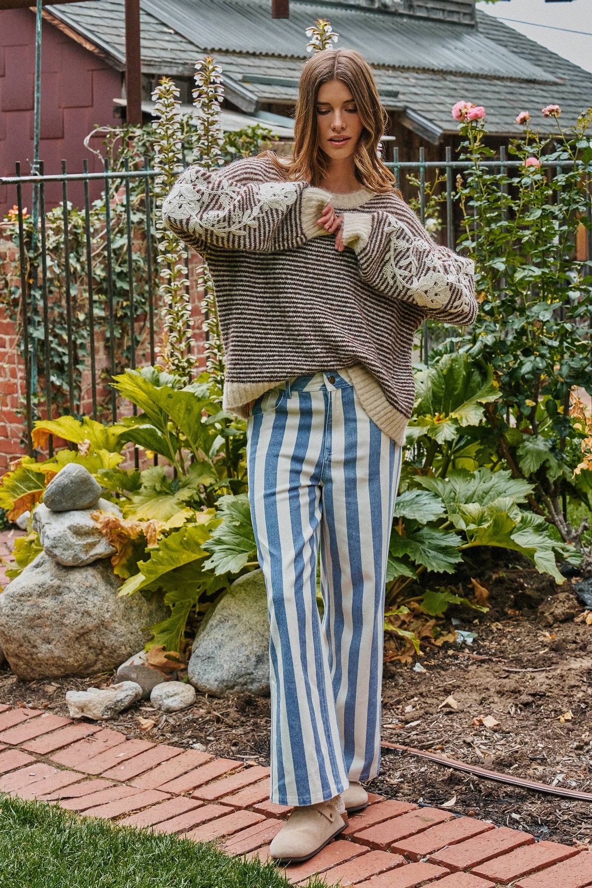 Floral Embroidered Striped Knit Sweater