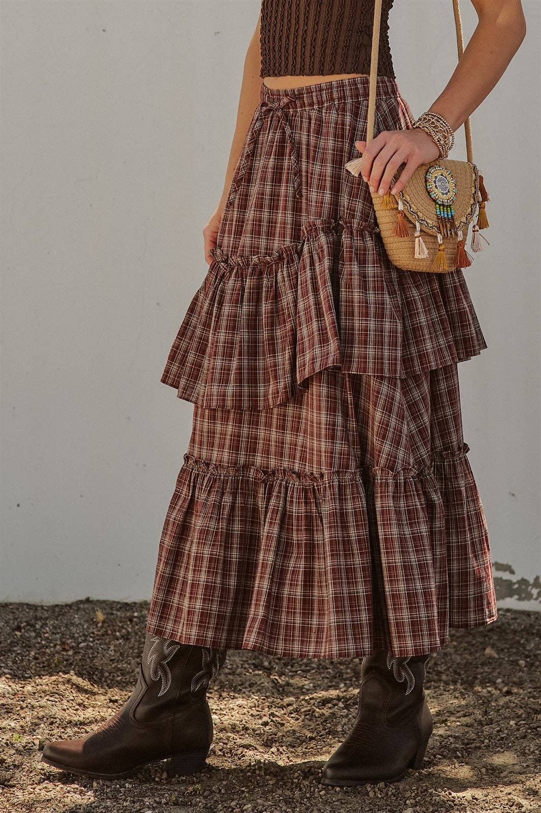 Plaid Tiered Ruffle Cotton Maxi Skirt