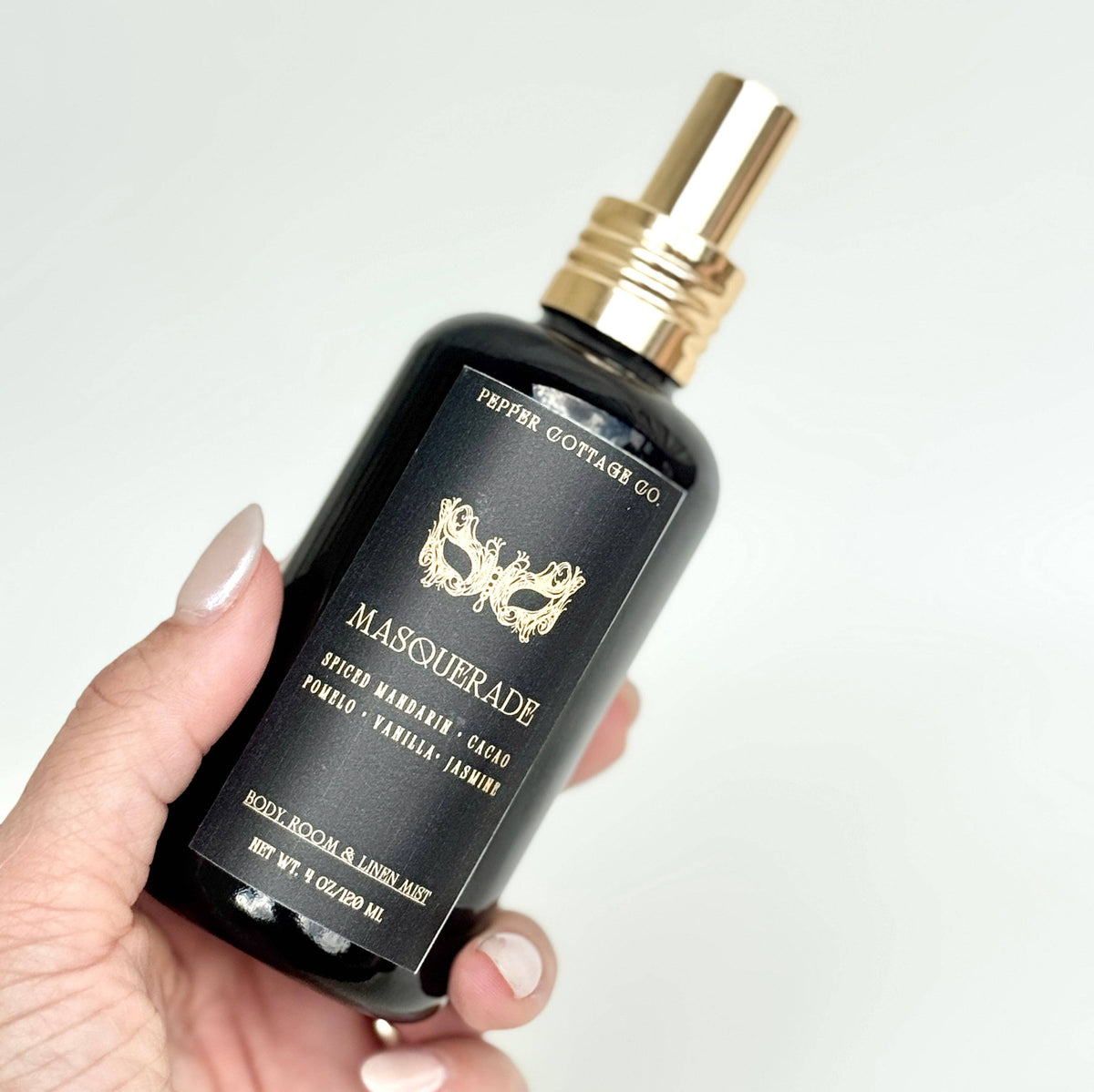 Masquerade 4 oz Body + Home Mist | Spiced Mandarin, Cacao, Pomelo, Vanilla, Jasmine | Spicy Citrus Floral Dark Academia-Inspired Body Mist