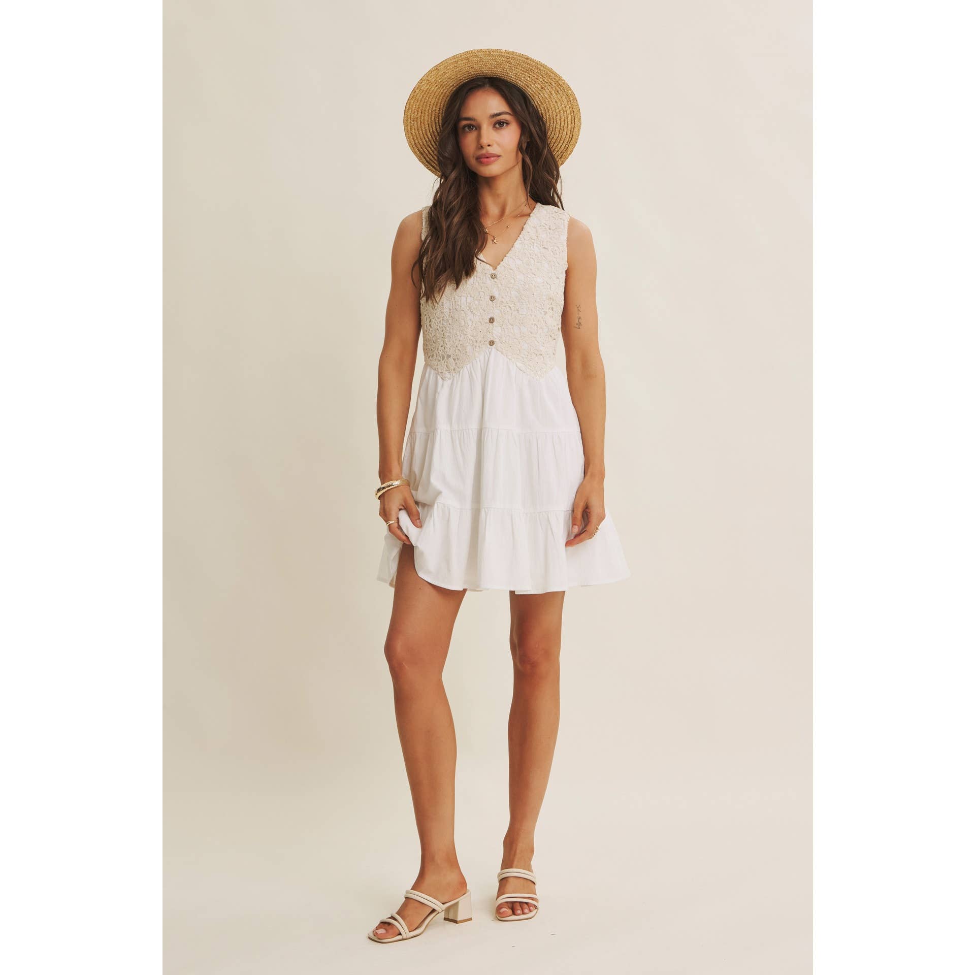 FRENCH PICNIC MIXED MEDIA COTTON CROCHET MINI DRESS