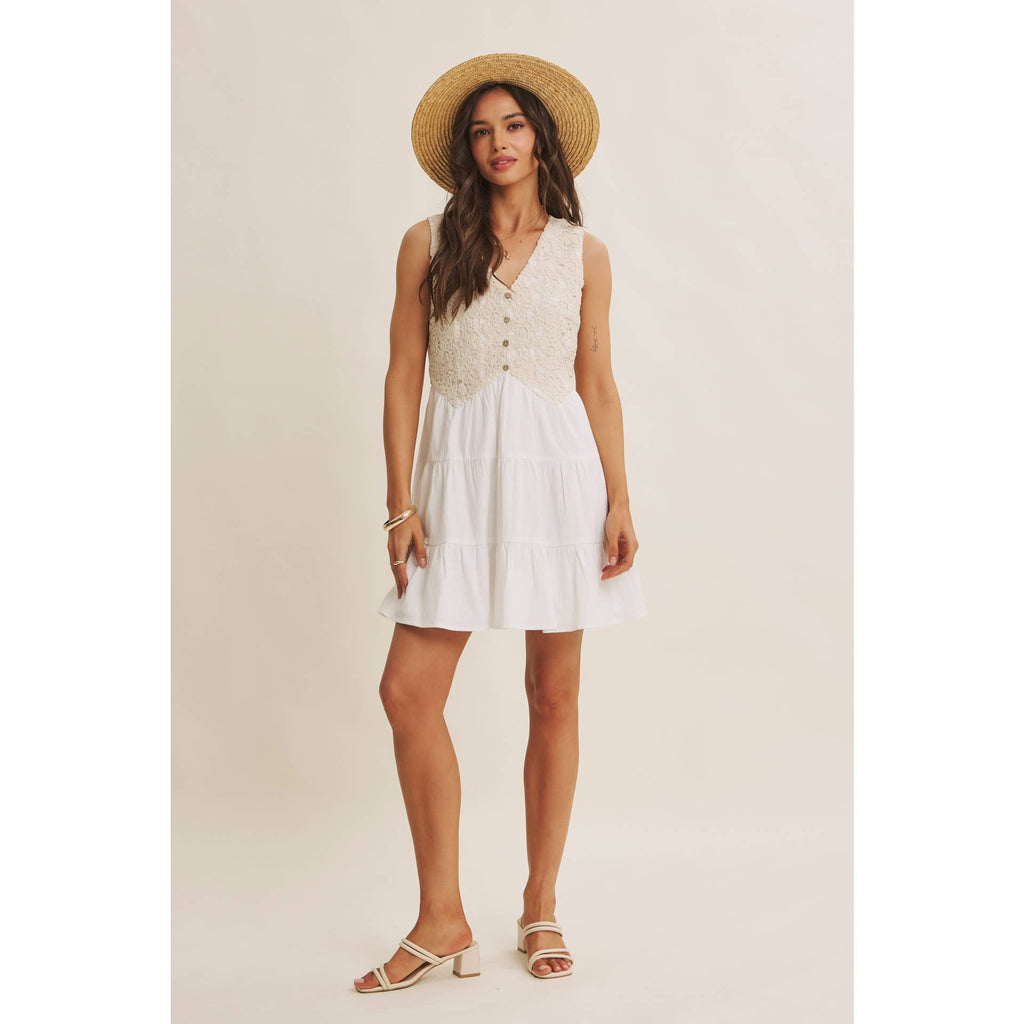 FRENCH PICNIC MIXED MEDIA COTTON CROCHET MINI DRESS