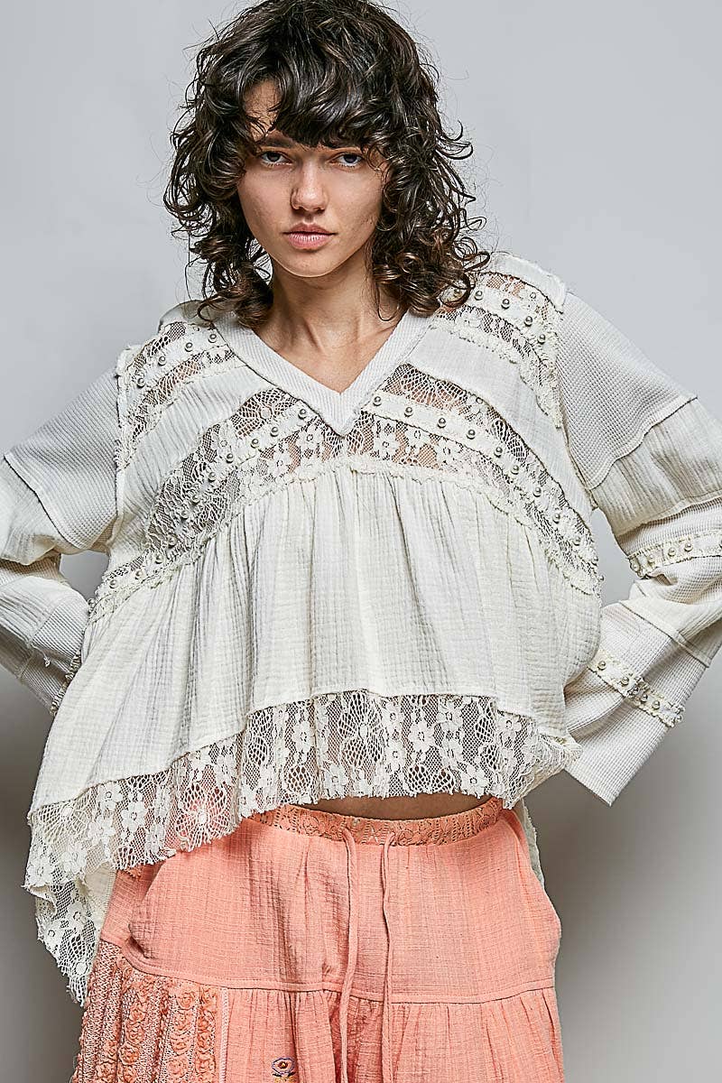V-neck double gauze lace detail A-line woven top