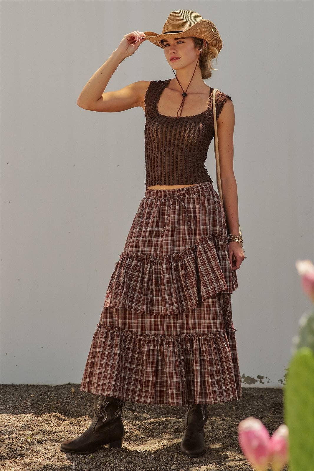 Plaid Tiered Ruffle Cotton Maxi Skirt
