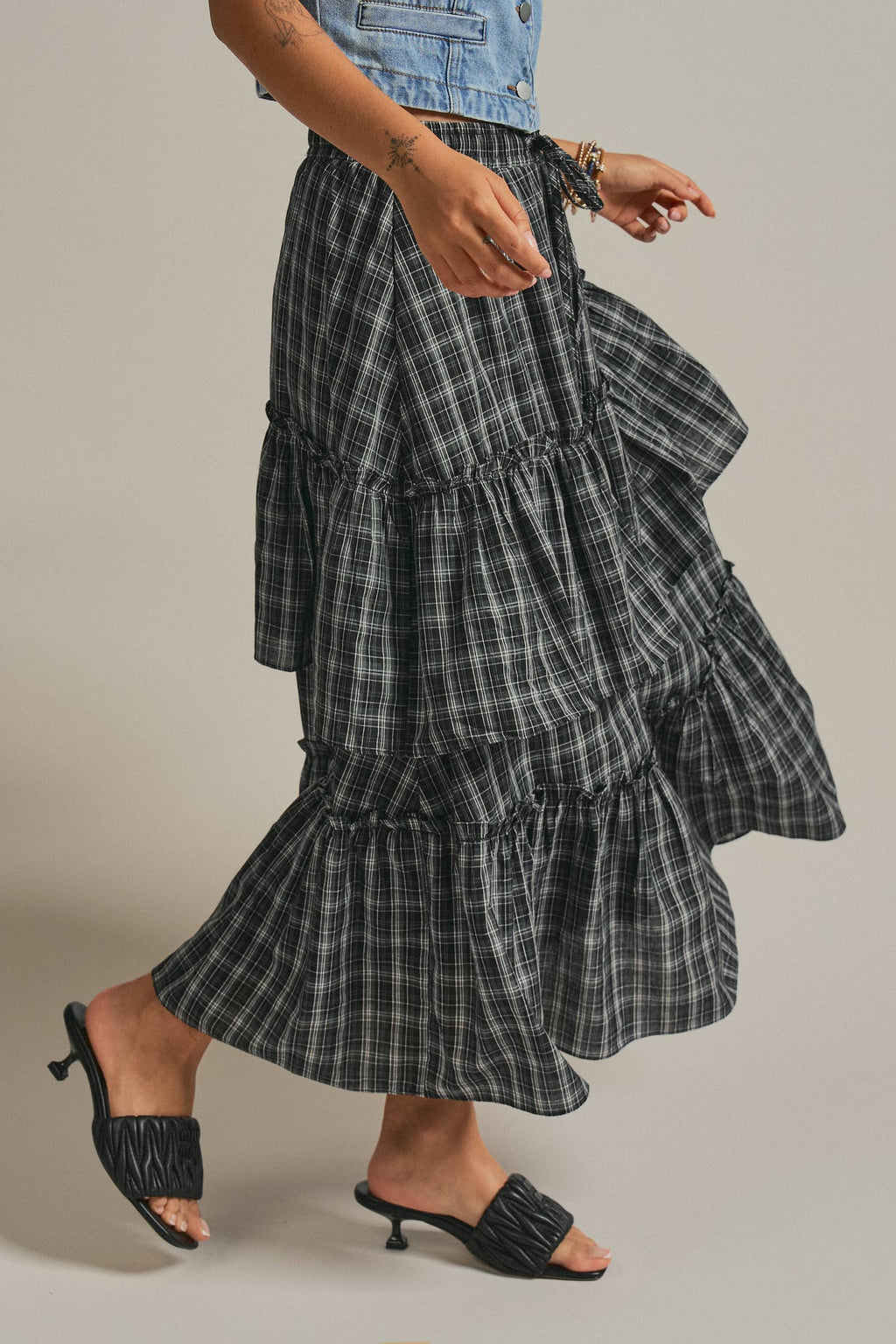 Plaid Tiered Ruffle Cotton Maxi Skirt