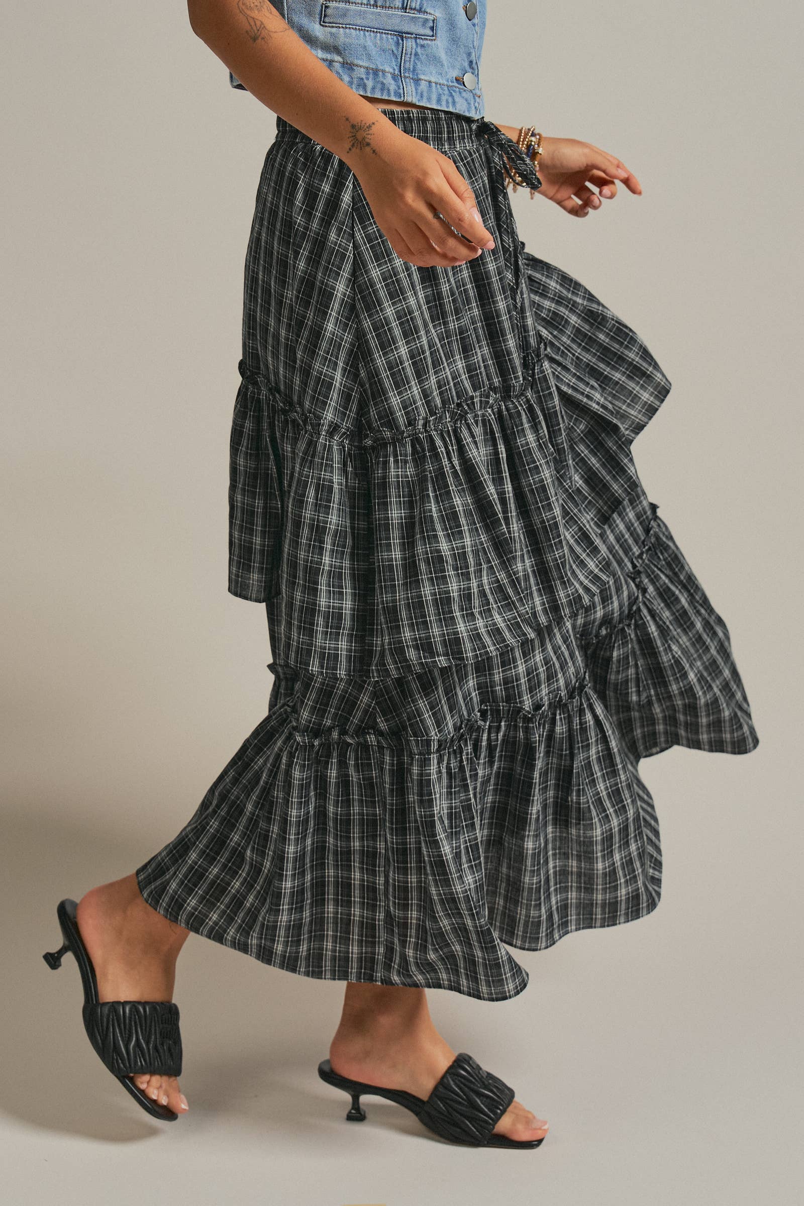 Plaid Tiered Ruffle Cotton Maxi Skirt