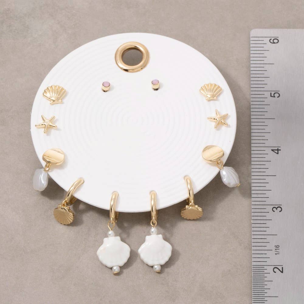 Gold Seashell Starfish Charm Earring Set