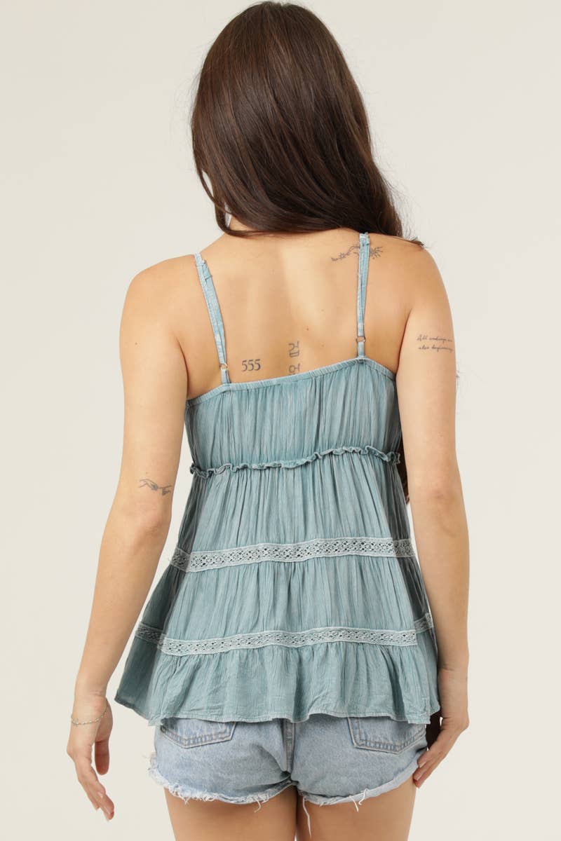 C2E35-ASIS ACID WASH LACE TRIM V NECK CAMI TANK TOP