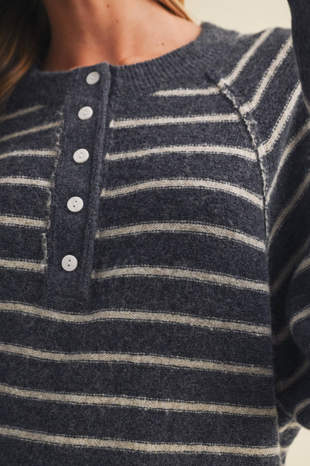 Button-Placket Stripe Knit Pullover