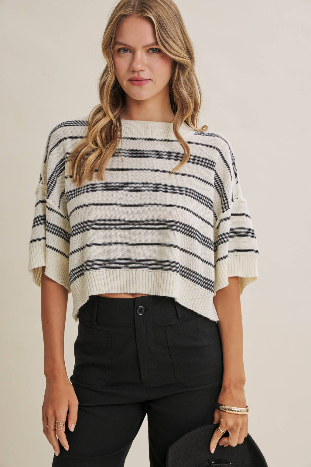 ESSENSE OF WEEKEND STRIPED LINEN COTTON BOXY SWEATER TOP