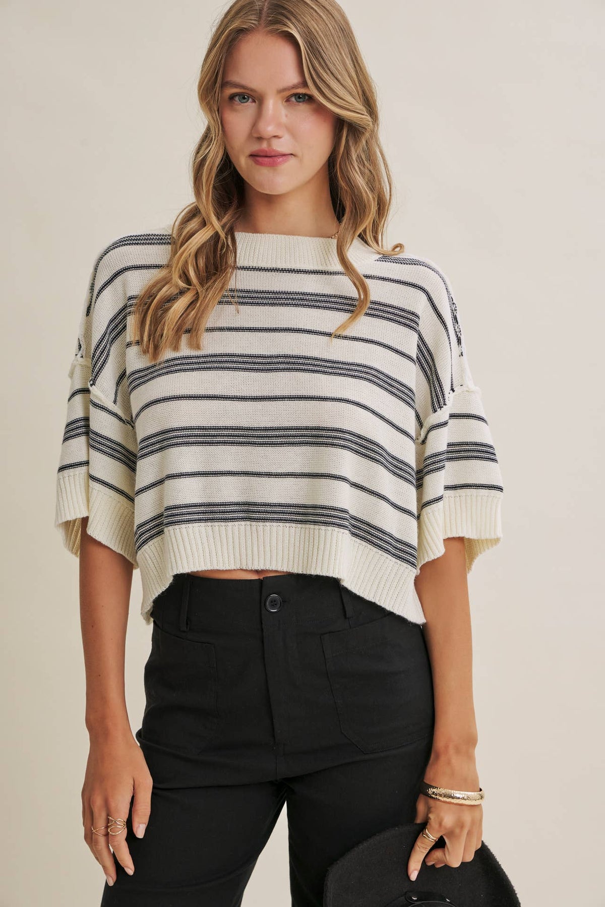 ESSENSE OF WEEKEND STRIPED LINEN COTTON BOXY SWEATER TOP