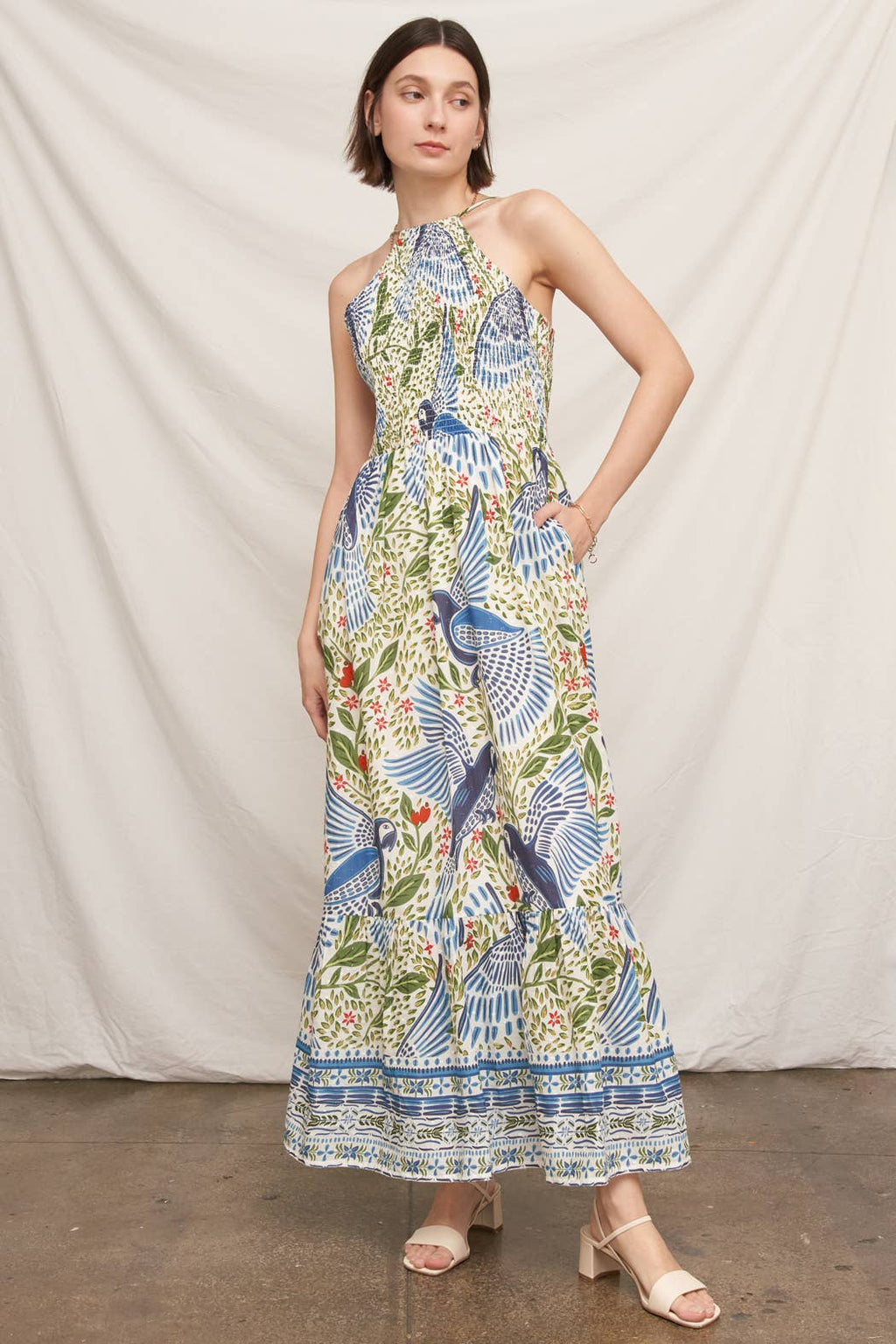 Printed Halter Neck Smocked Maxi Dress