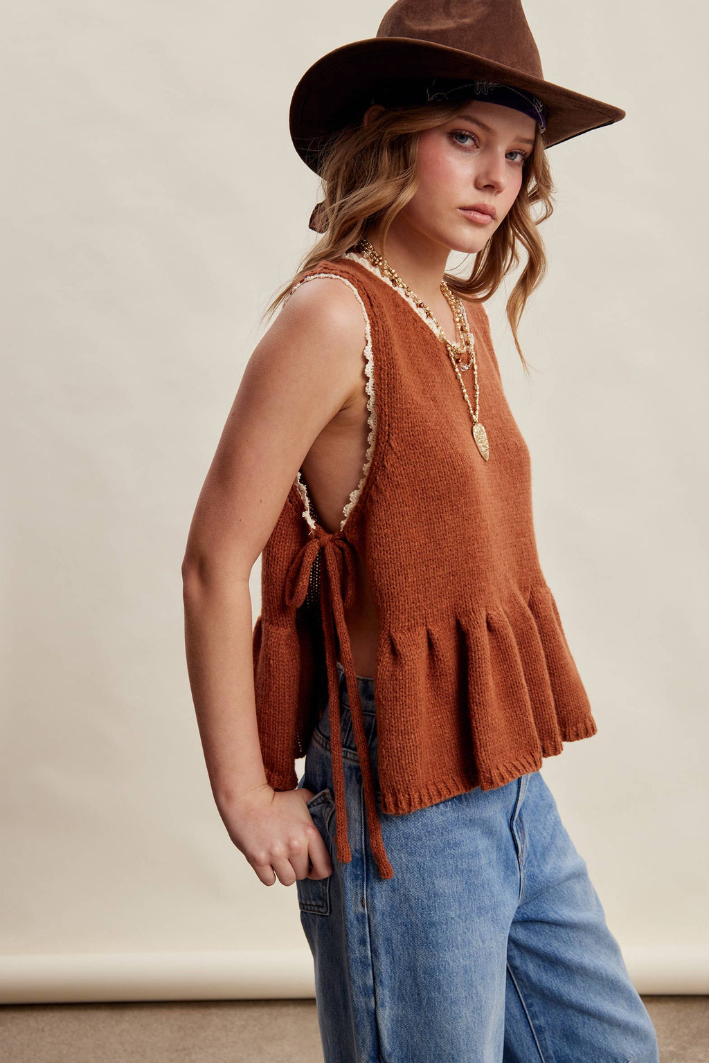 Lace Trim Side Tie Knit Peplum Top LSW1058