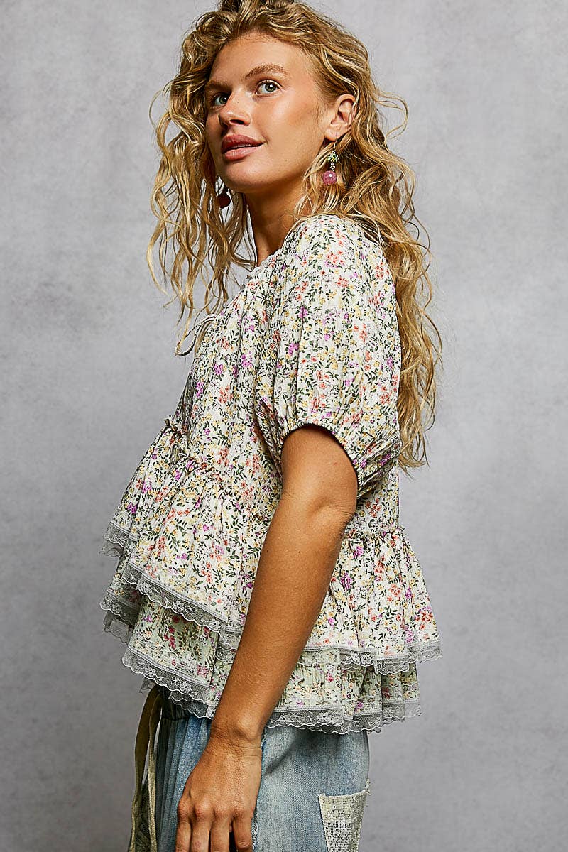 Ruffle Detail Neck Loop Floral Balloon Sleeve Woven Top
