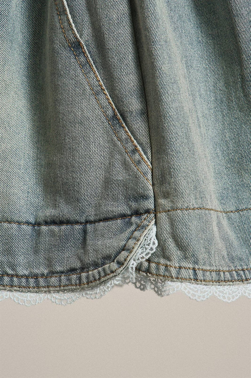 Lace Trim High Rise Vintage Wash Denim Shorts