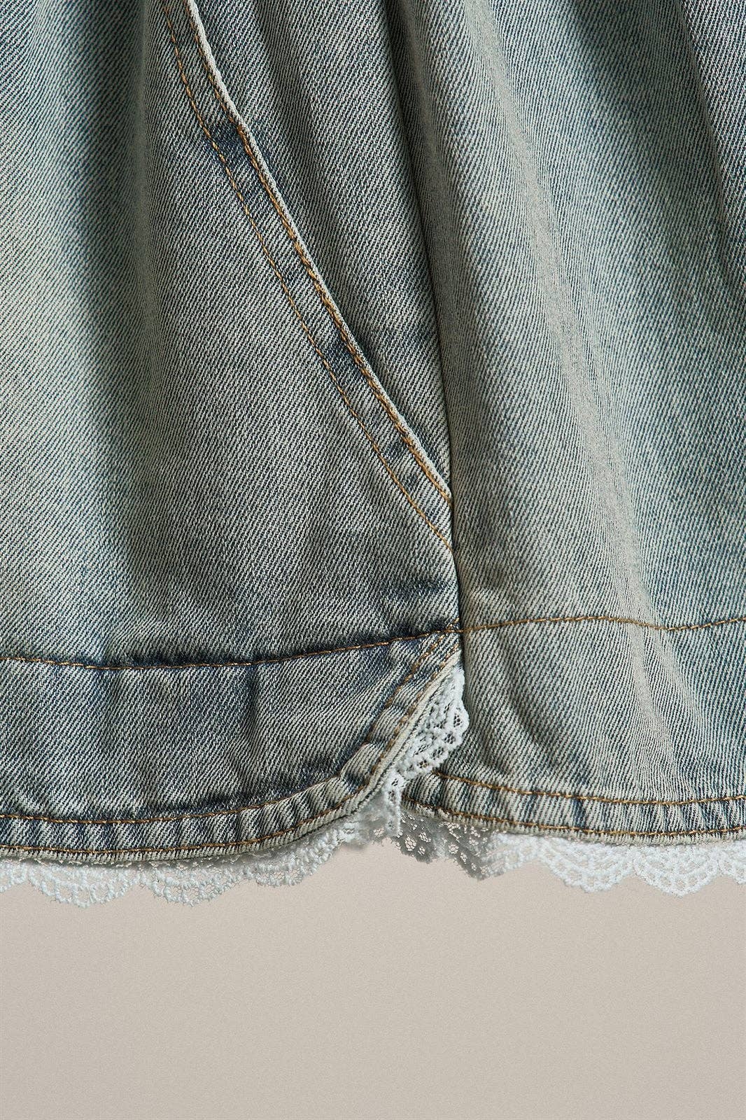 Lace Trim High Rise Vintage Wash Denim Shorts