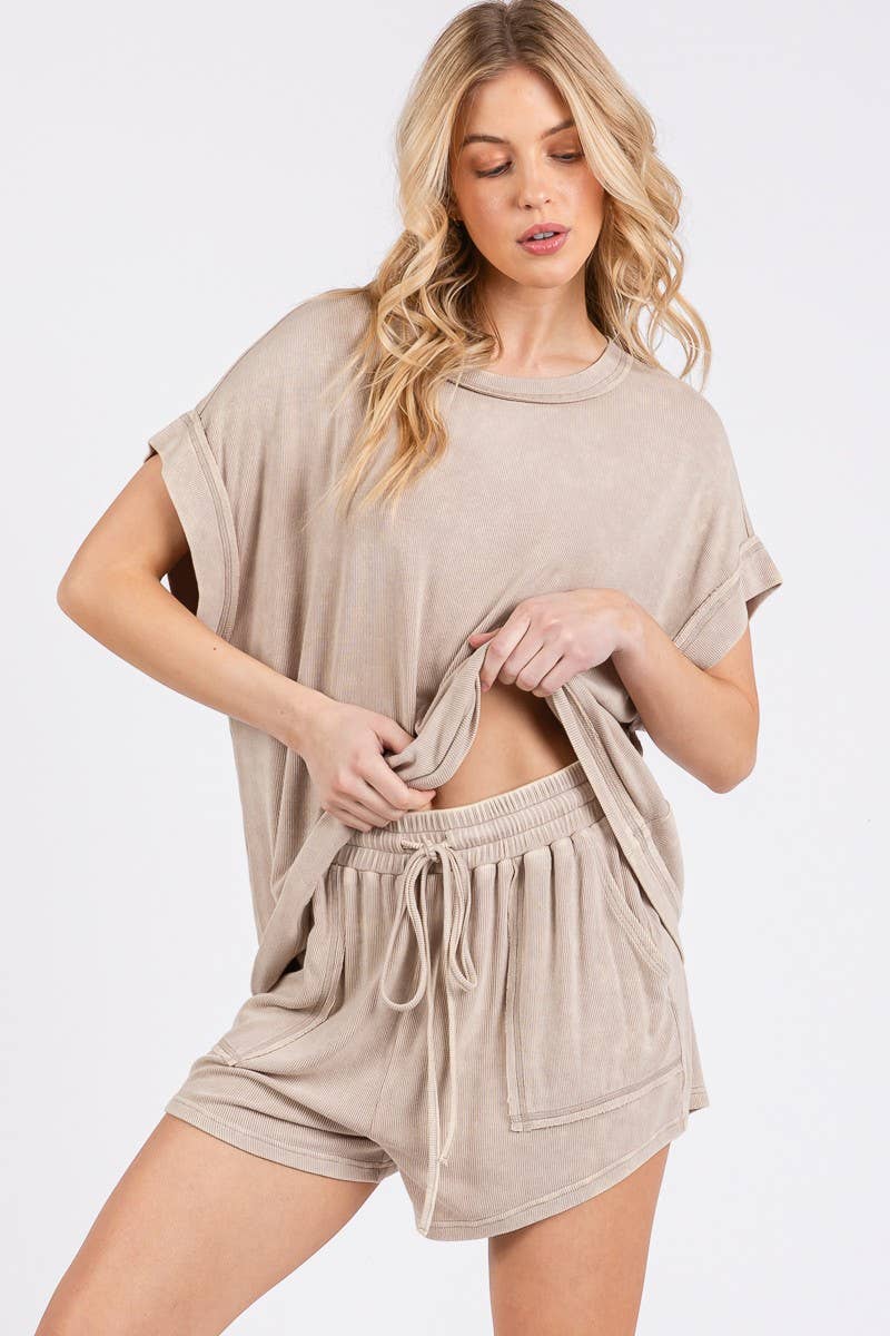 MINERAL WASHED TOP AND SHORTS RIB SET