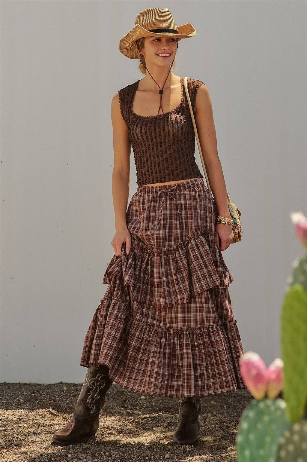 Plaid Tiered Ruffle Cotton Maxi Skirt