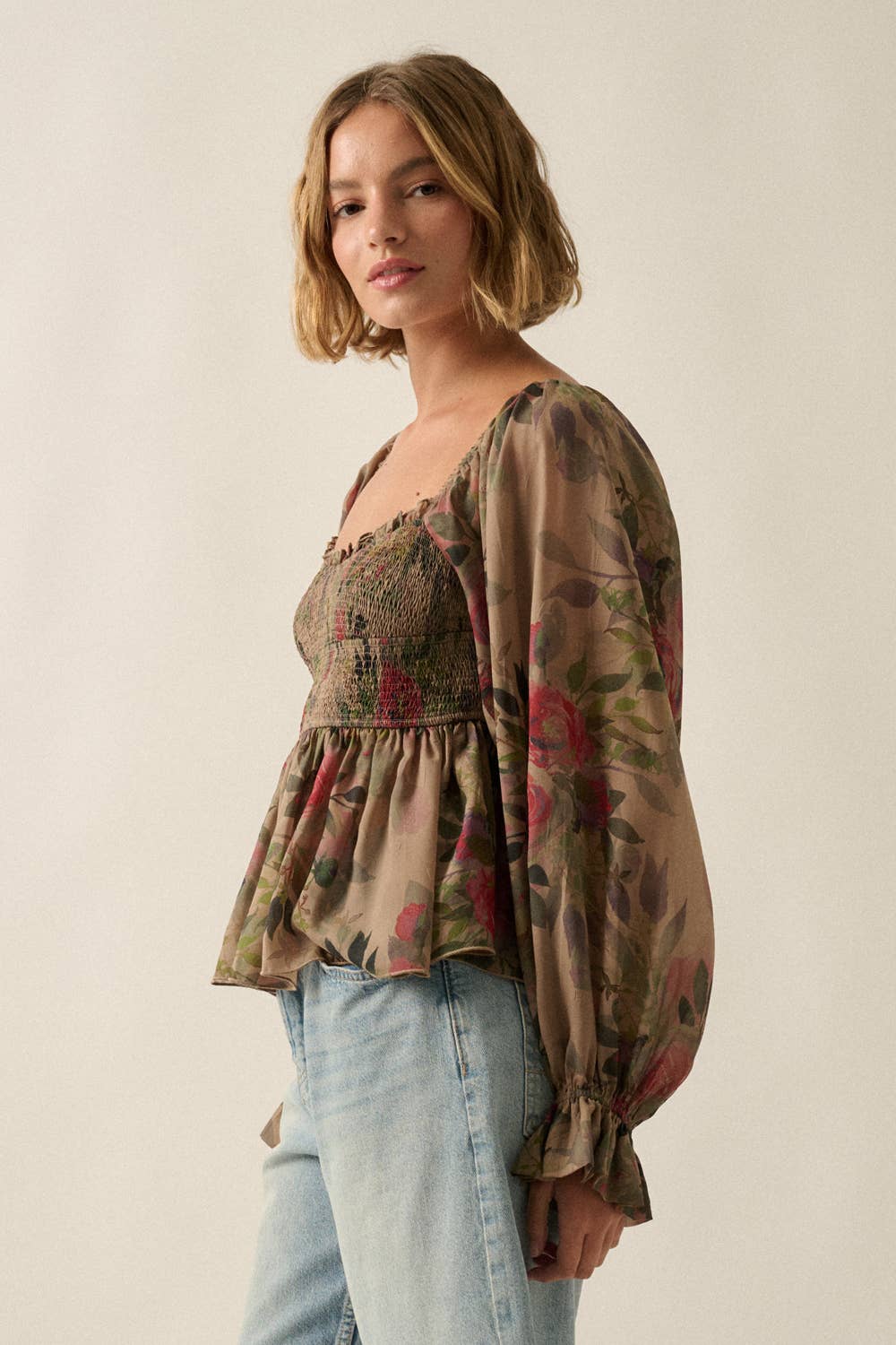 Floral-Print Smocked Sweetheart Peplum Peasant Top
