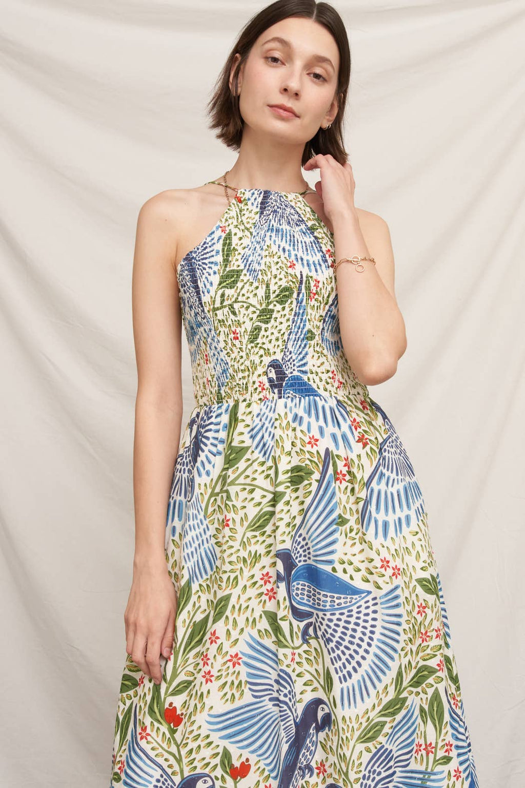 Printed Halter Neck Smocked Maxi Dress