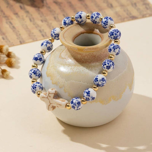 BLUE CERAMIC PORCELAIN CROSS CHARM BRACELET | 40B5175