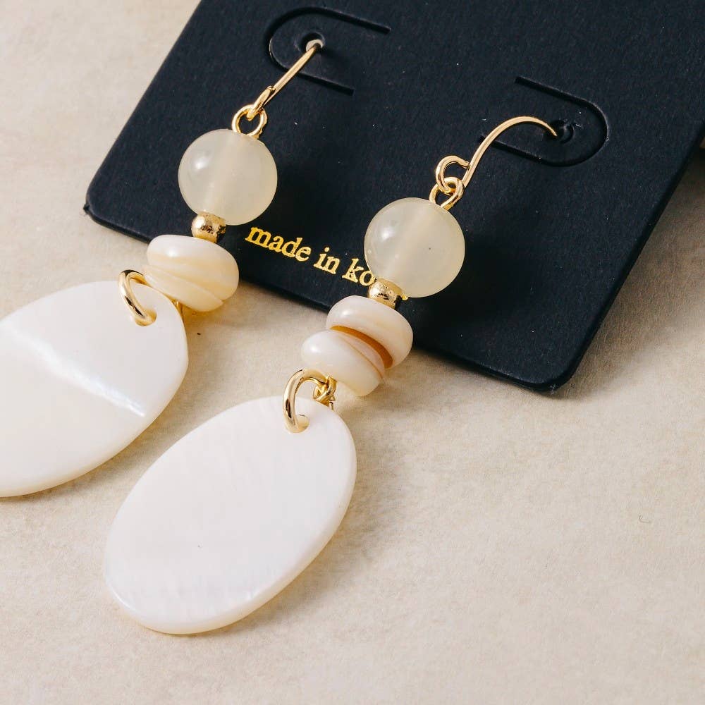 Oval Sea Shell And Beads Dangle Earrings