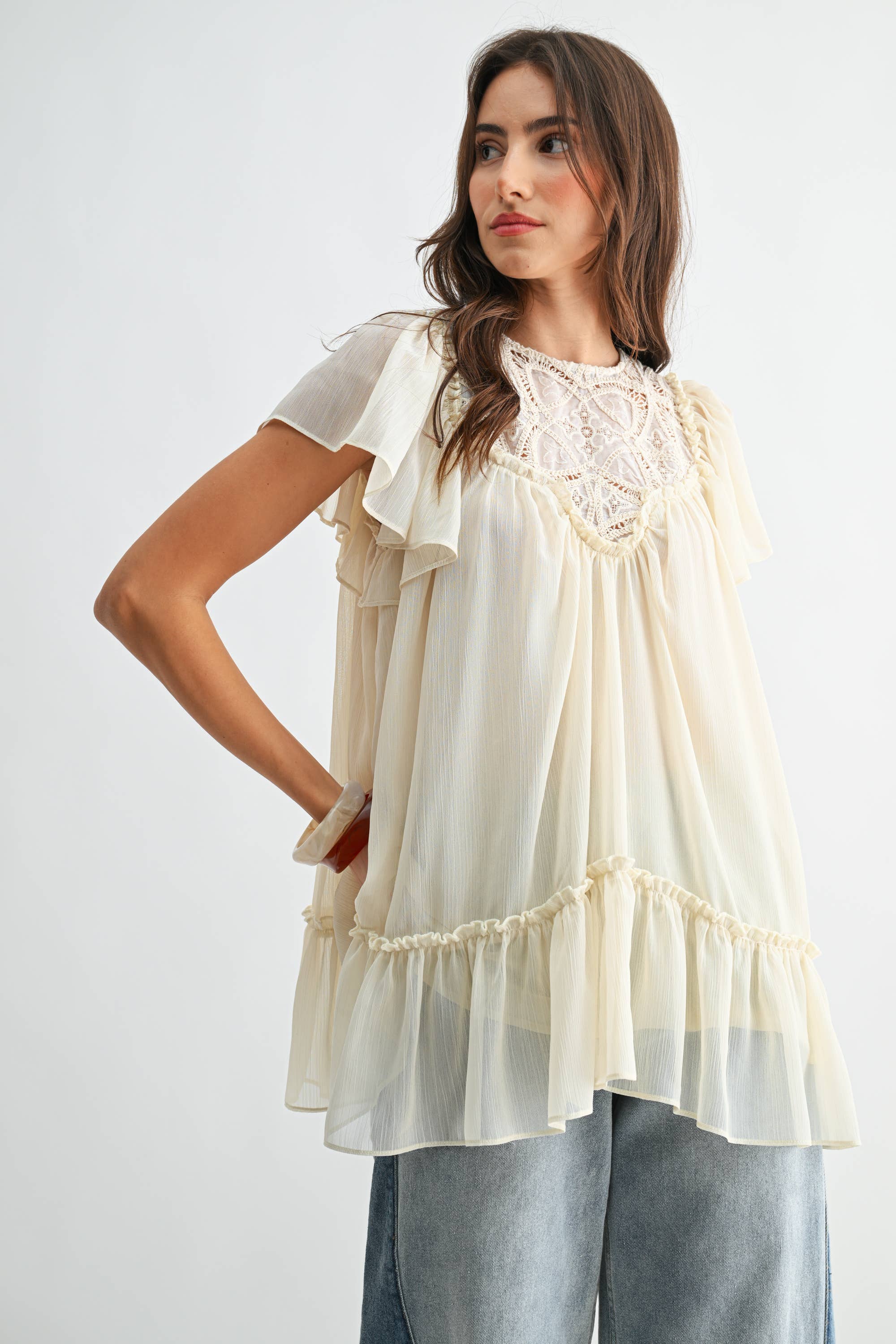 CT10179J Sheer Lace Yoke Ruffle Sleeve Blouse