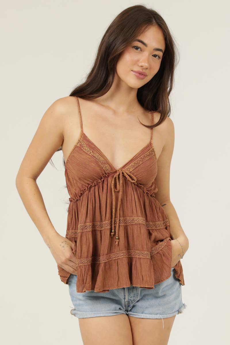 C2E35-ASIS ACID WASH LACE TRIM V NECK CAMI TANK TOP