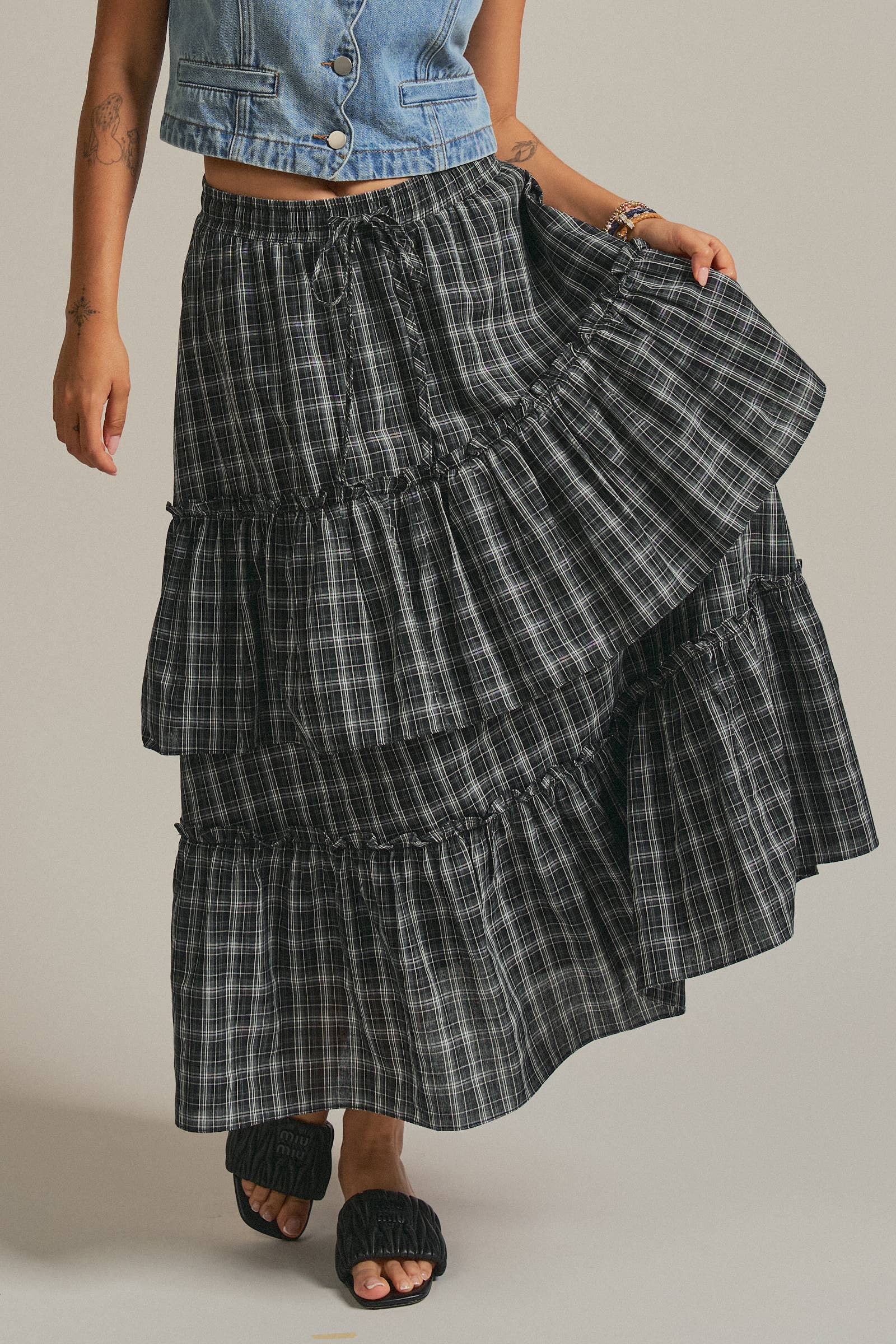 Plaid Tiered Ruffle Cotton Maxi Skirt