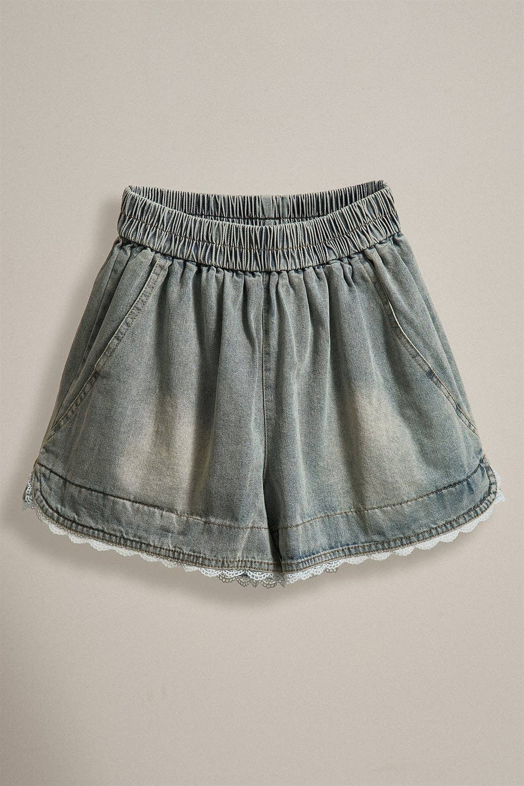 Lace Trim High Rise Vintage Wash Denim Shorts