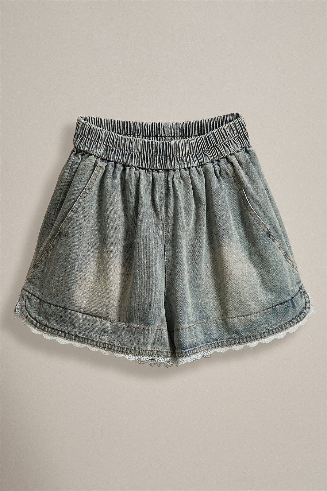 Lace Trim High Rise Vintage Wash Denim Shorts