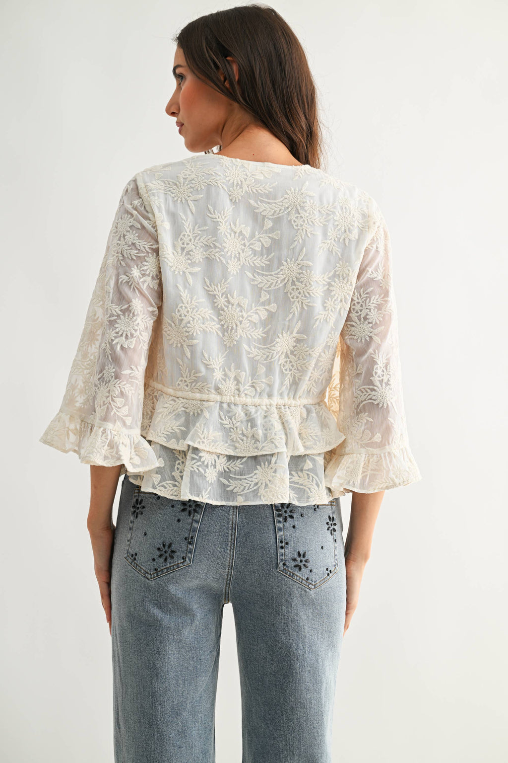 CT10102J Boho Embroidered Sheer Blouse Flowy Bell Sleeves