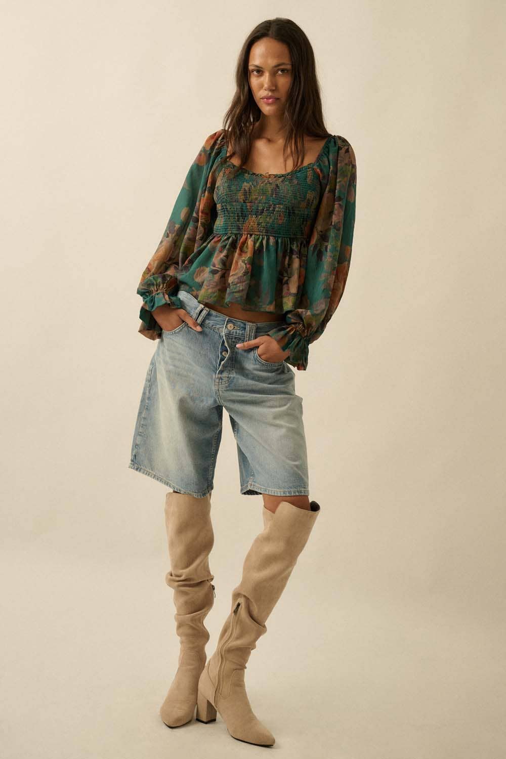 Floral-Print Smocked Sweetheart Peplum Peasant Top