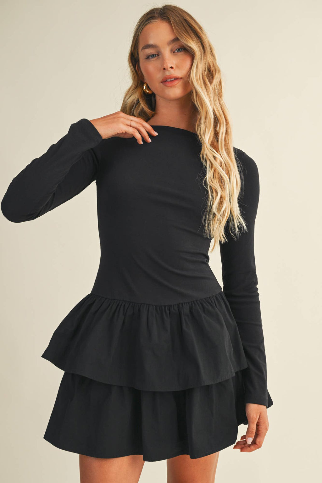 BOAT NECK TIERED RUFFLE DRESS
