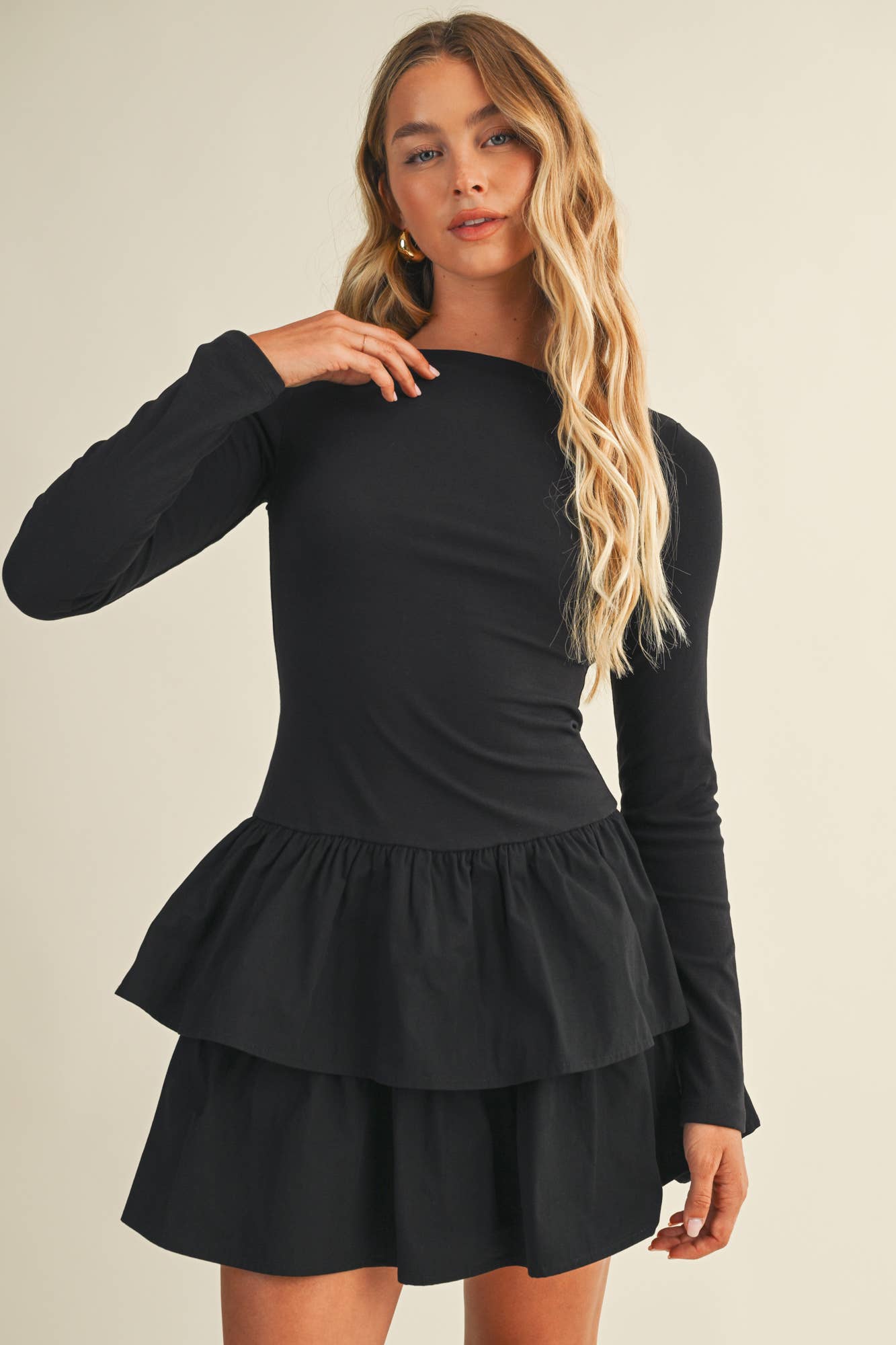 BOAT NECK TIERED RUFFLE DRESS
