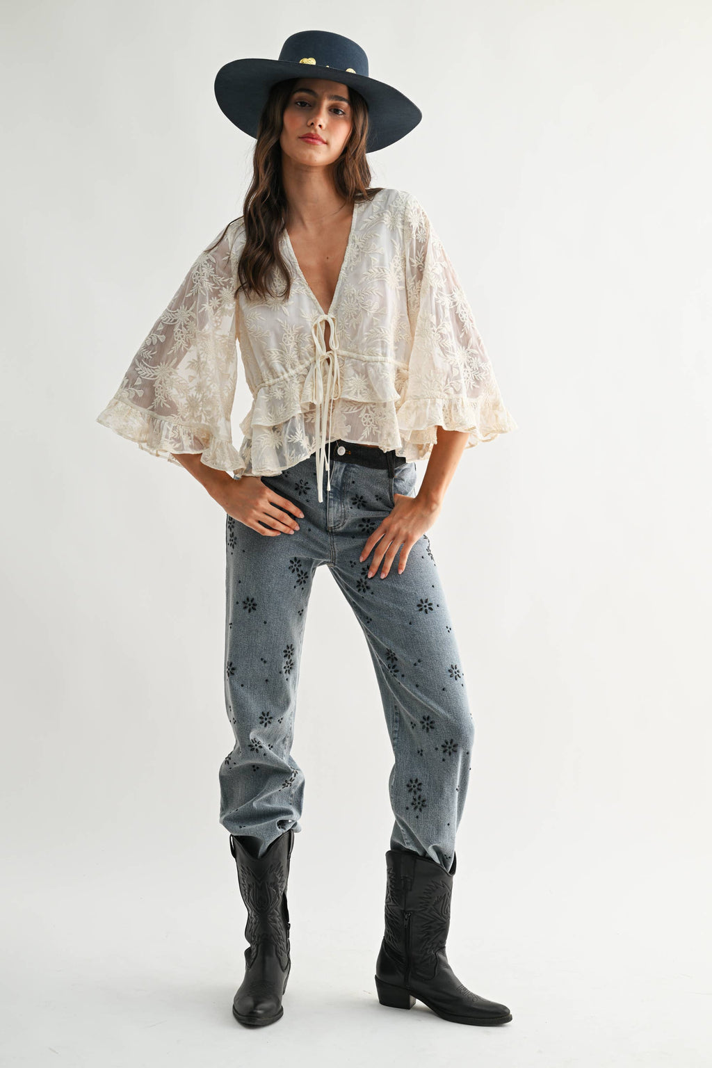 CT10102J Boho Embroidered Sheer Blouse Flowy Bell Sleeves