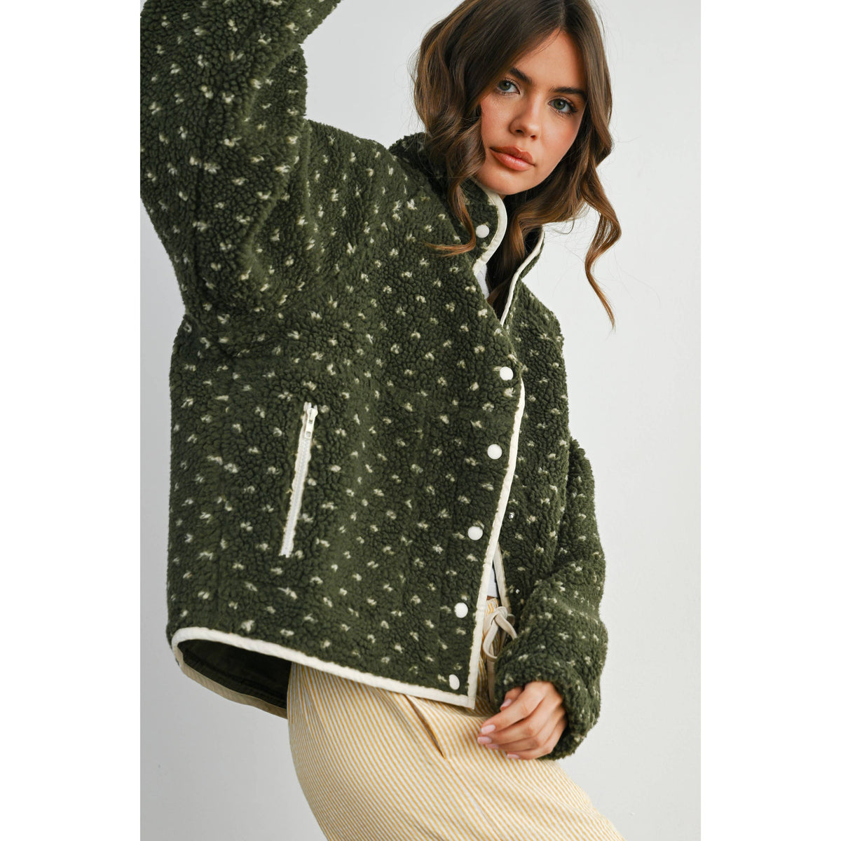 The Fern Dot Sherpa Fleece Snap Jacket-BMJ7831