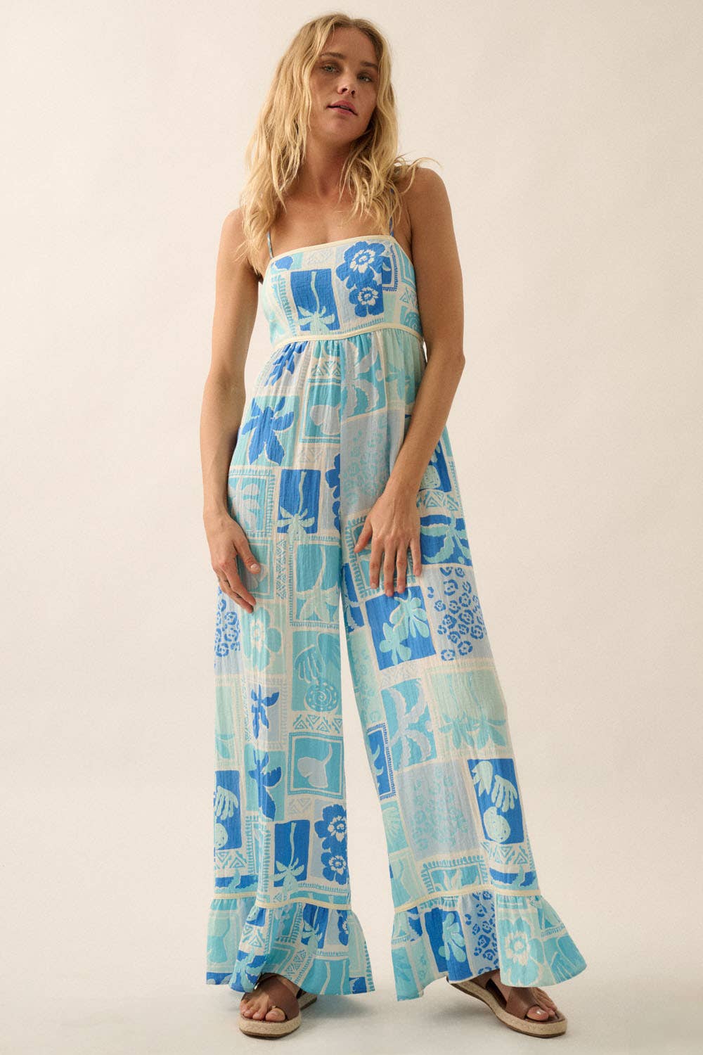 Tropical Floral Ruffled Wide-Leg Cami Jumpsuit