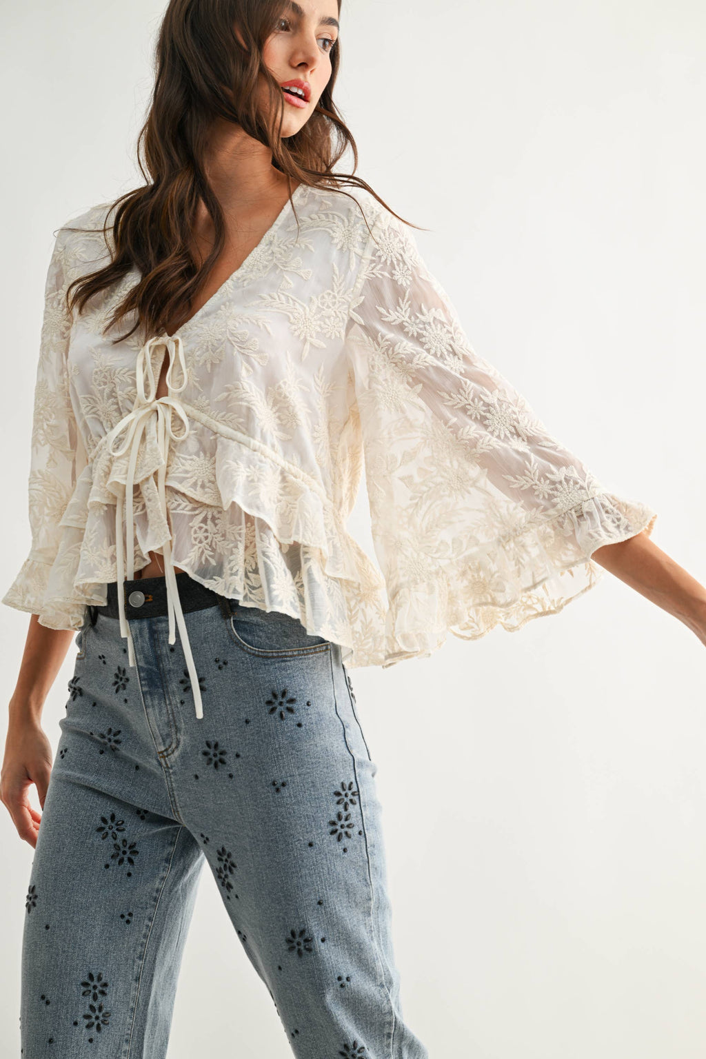 CT10102J Boho Embroidered Sheer Blouse Flowy Bell Sleeves