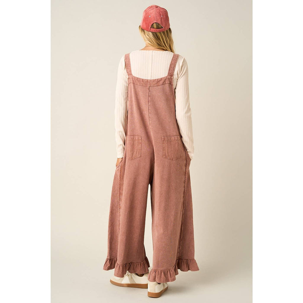 MINERAL WASHED RUFFLE HEM OVERALL JUMPSUIT