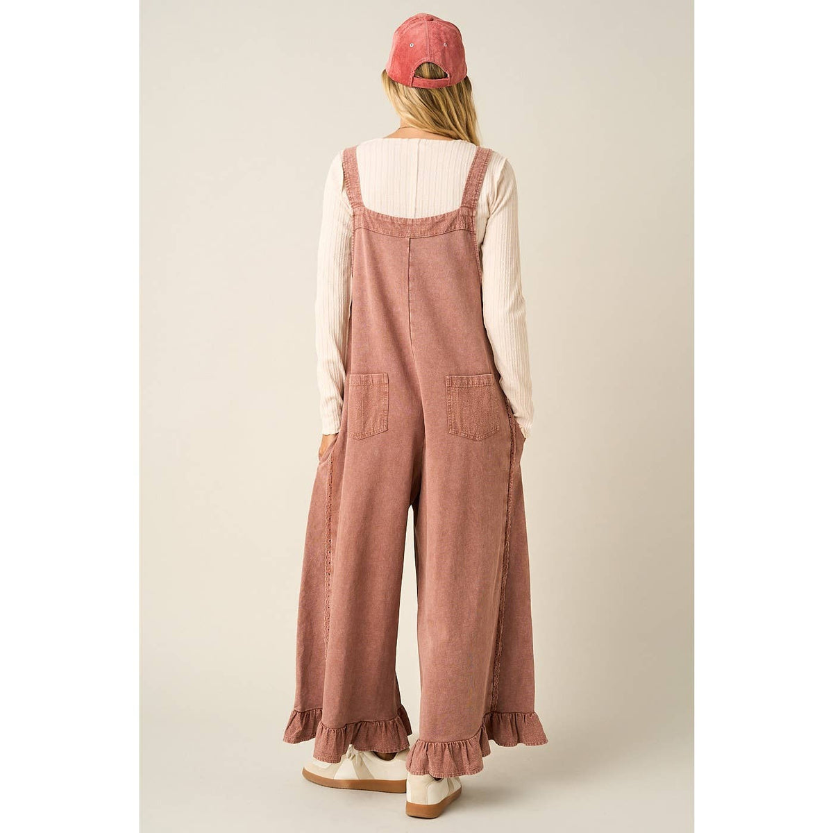 MINERAL WASHED RUFFLE HEM OVERALL JUMPSUIT