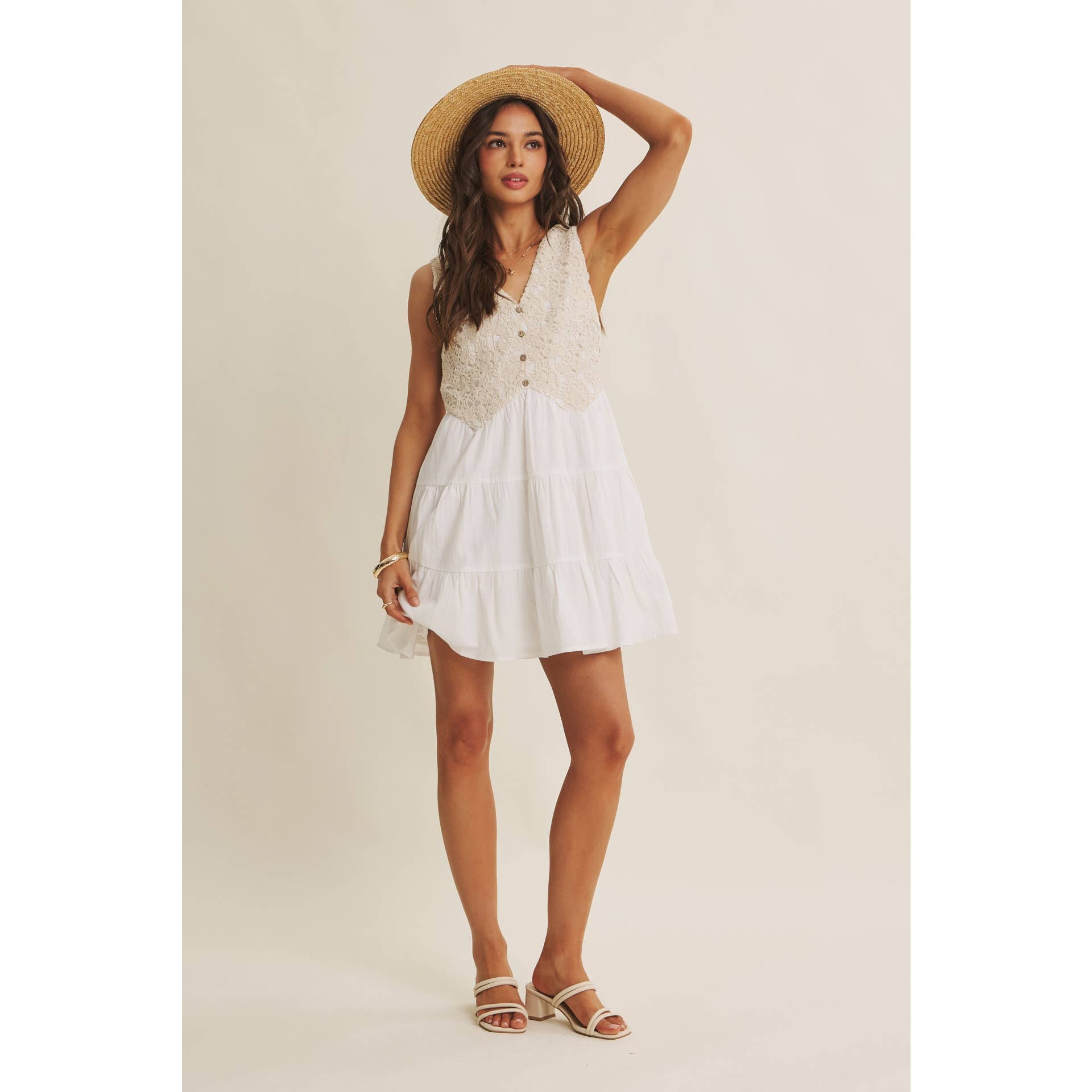 FRENCH PICNIC MIXED MEDIA COTTON CROCHET MINI DRESS