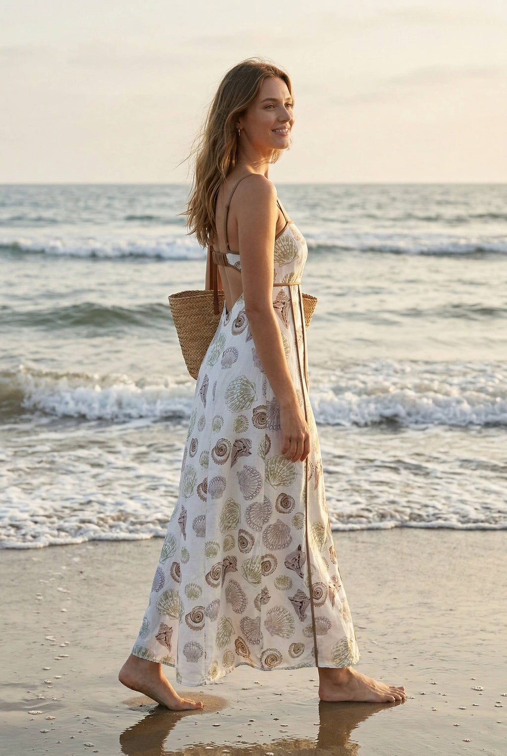 Fit and flare maxi dress made with seashell-print fabric