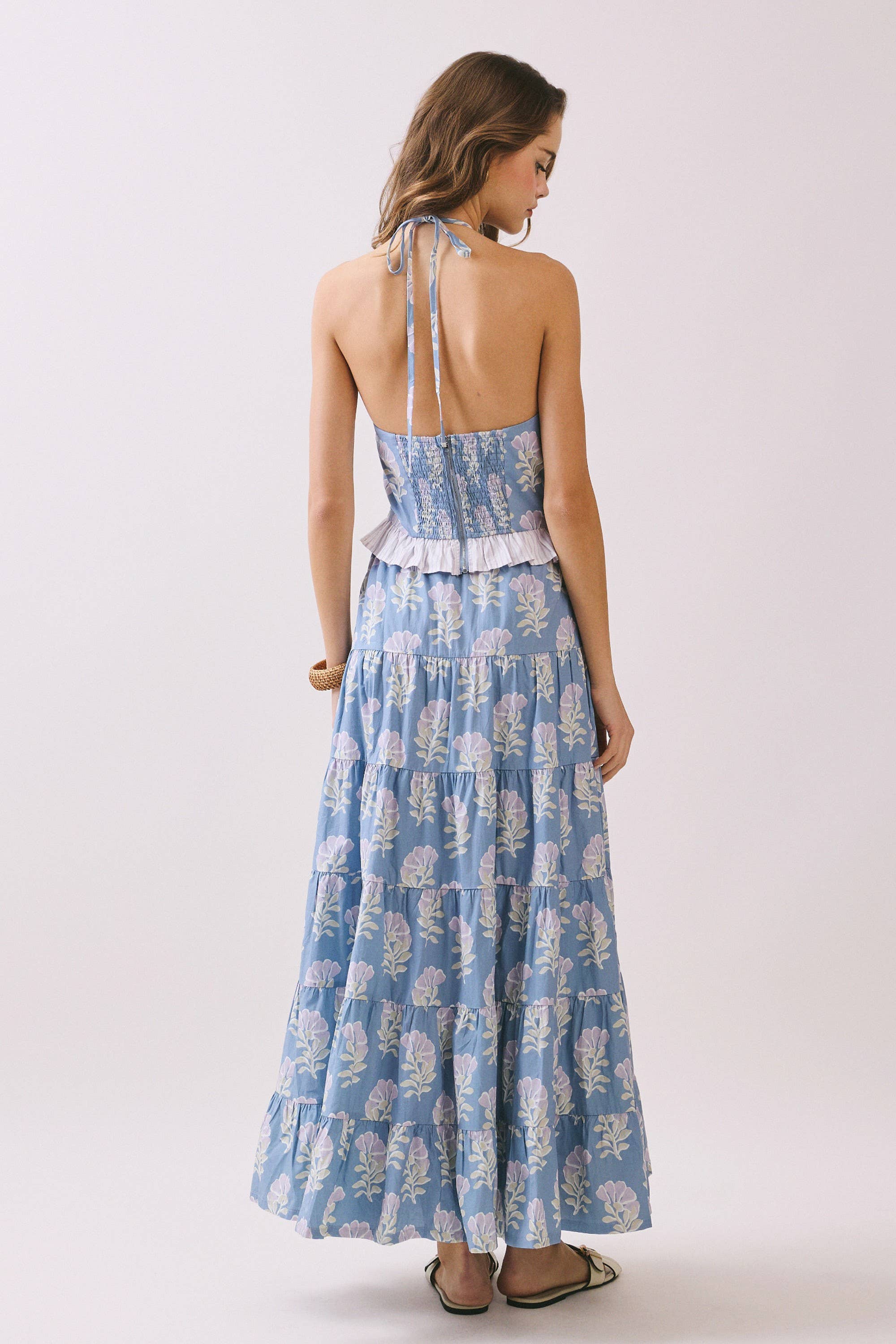 CS3891-Floral Print Multiple Tiers High Rise Maxi Skirt