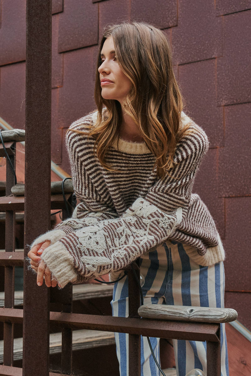 Floral Embroidered Striped Knit Sweater