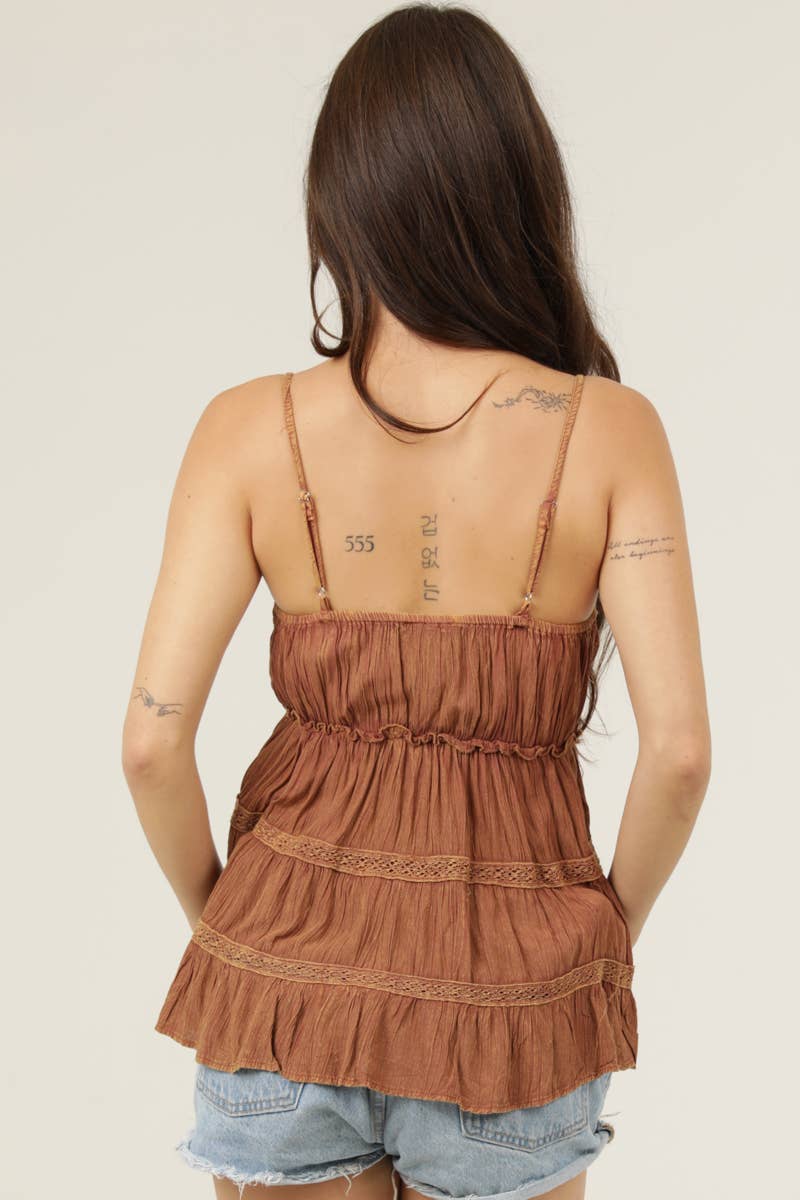 C2E35-ASIS ACID WASH LACE TRIM V NECK CAMI TANK TOP