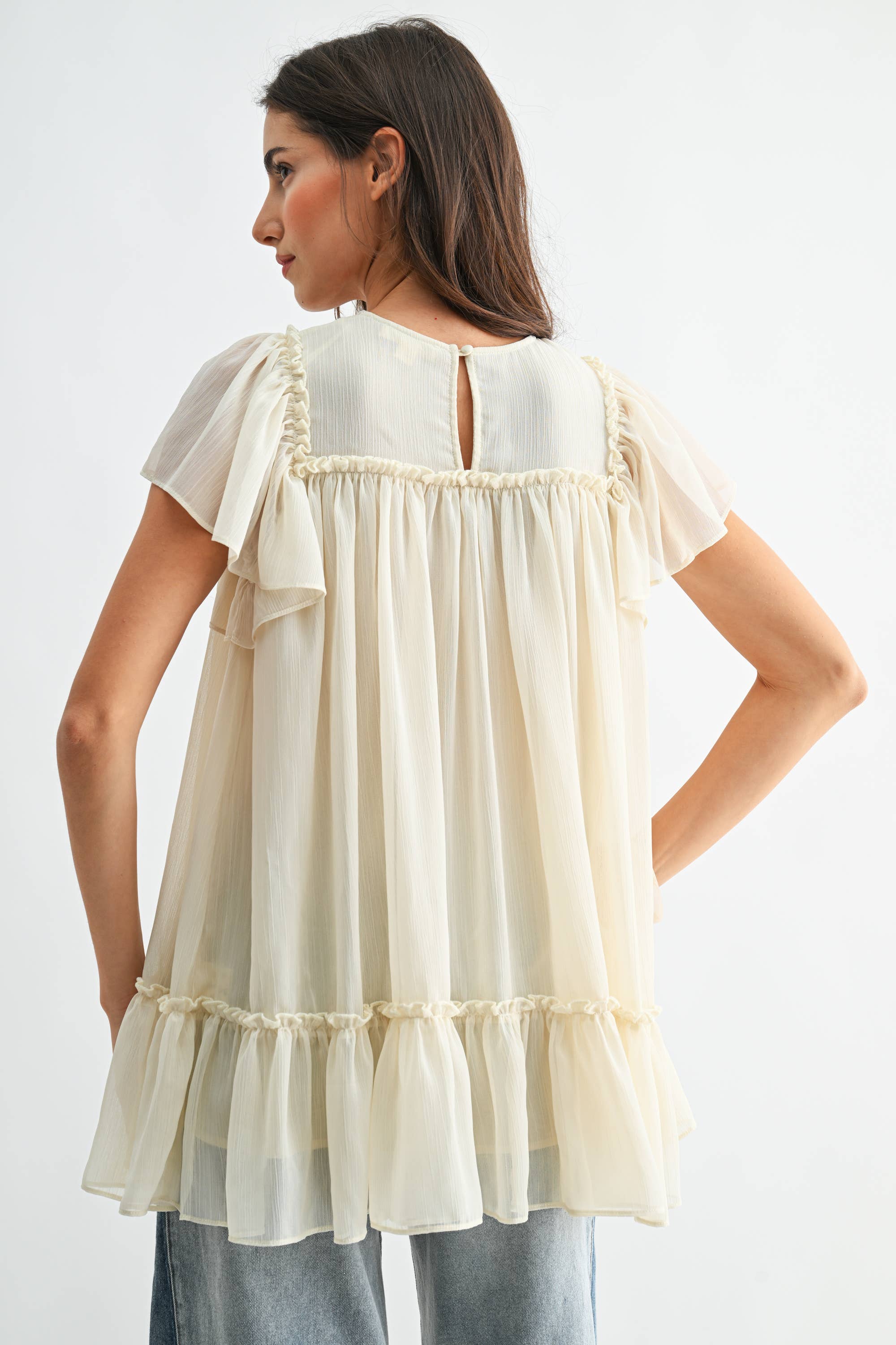 CT10179J Sheer Lace Yoke Ruffle Sleeve Blouse