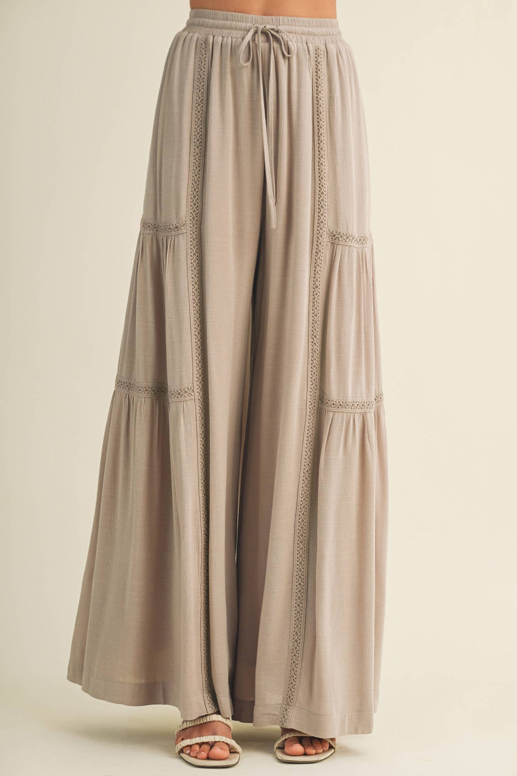 Ladder-Trim Tiered Palazzo Trousers