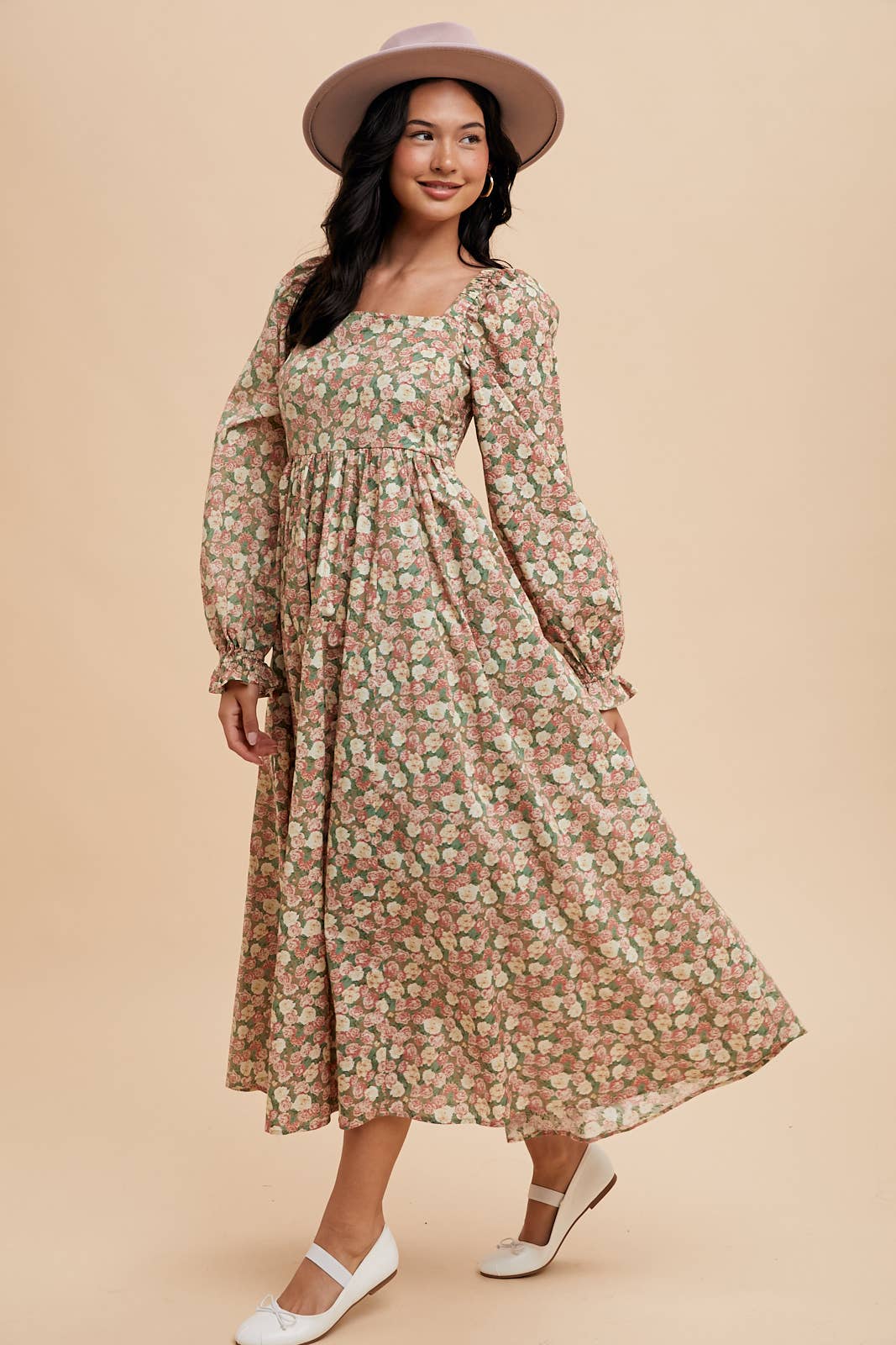 COTTON FLORAL SQUARE NECK MAXI DRESS