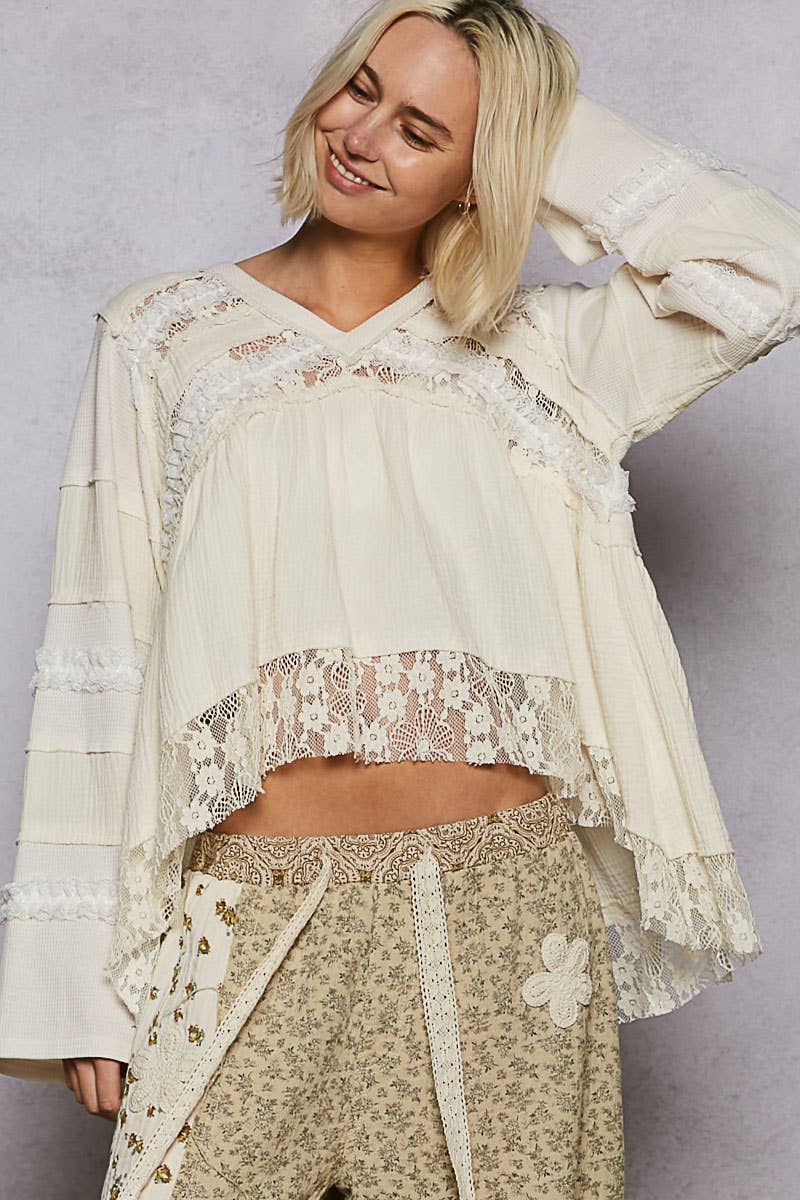 V-neck double gauze lace detail A-line woven top