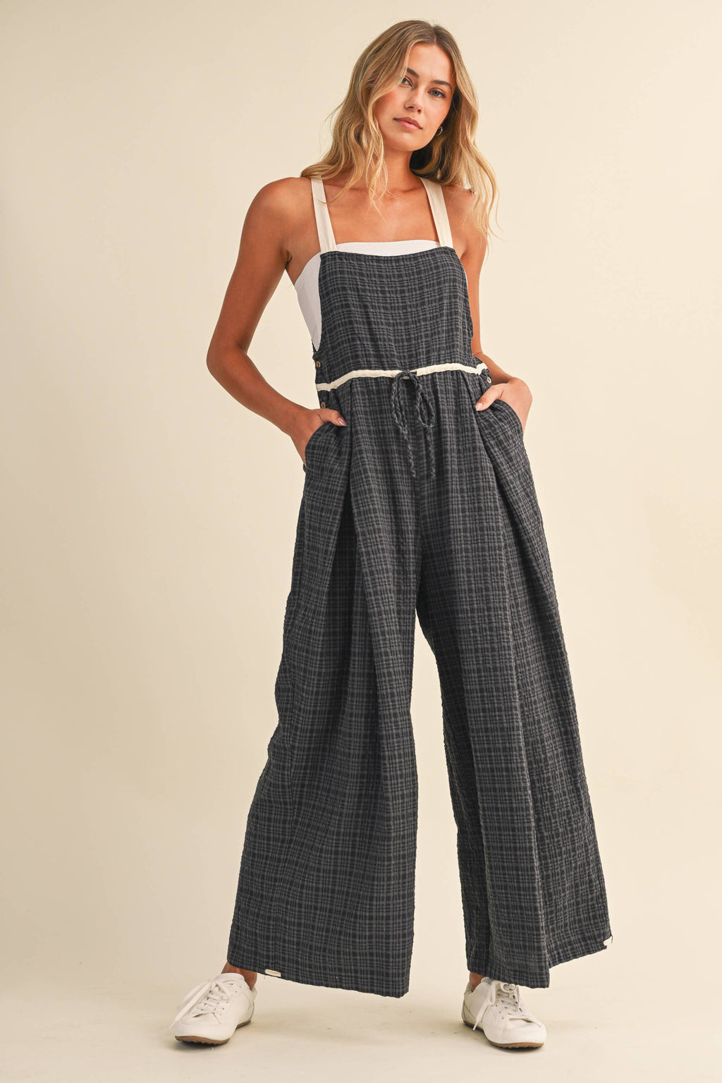 IJP3433 DRAWCORD WAISTLINE PLAID OVERALLS WITH ADJUSTABLE AN